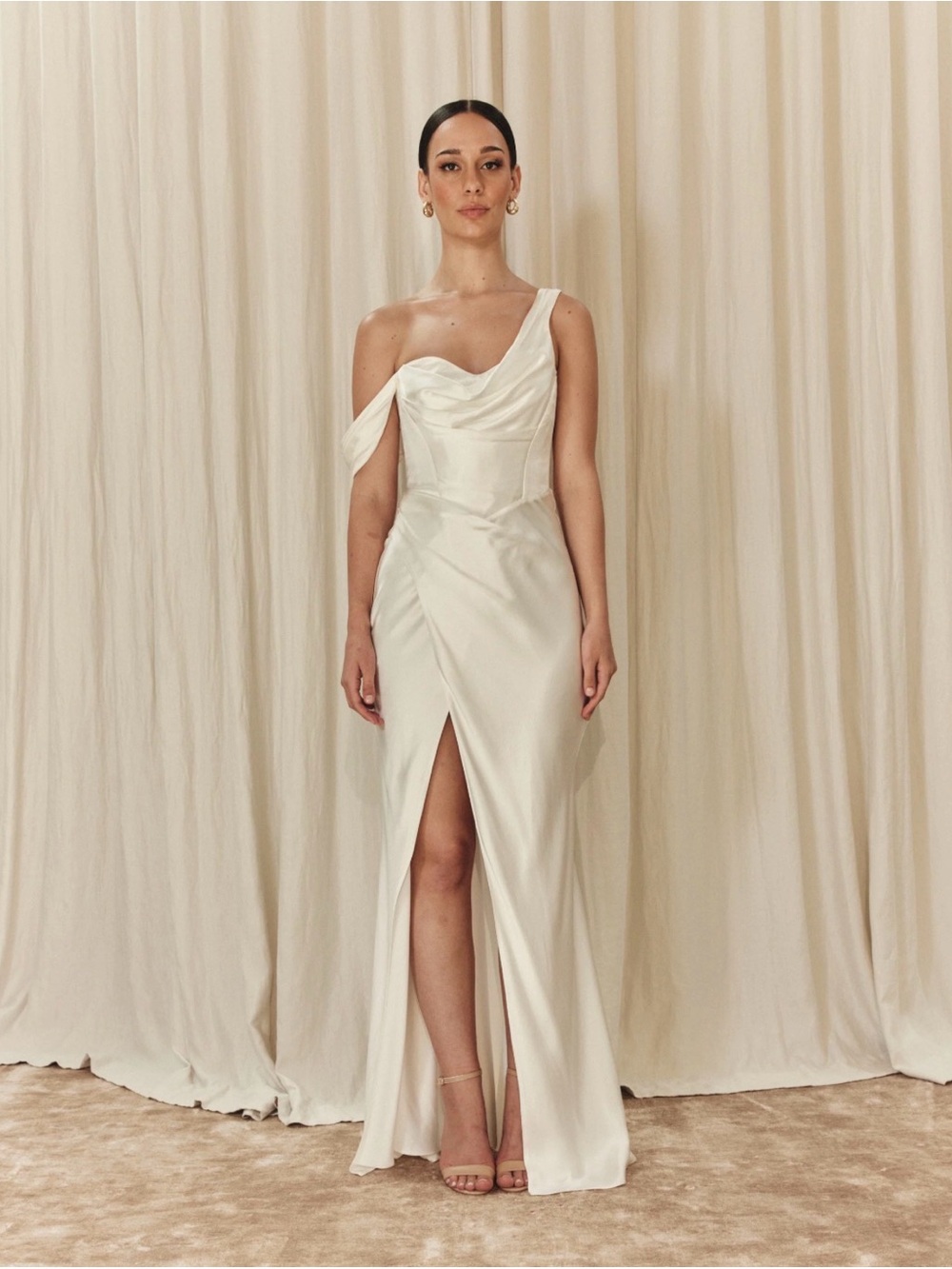 NEW Leah da Gloria Off-Shoulder Cream off white Satin Maxi Dress Bridal